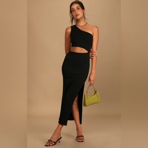 Lulu's - Black one shoulder cutoff midi dress
